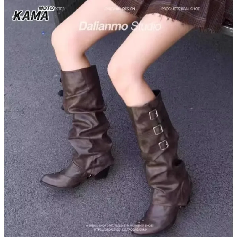 Vintage Belt Buckle Women Knee High Boots Fashion Removable Shoes Autumn Winter Ladies Elegant Thick Heel Knight Long Booties