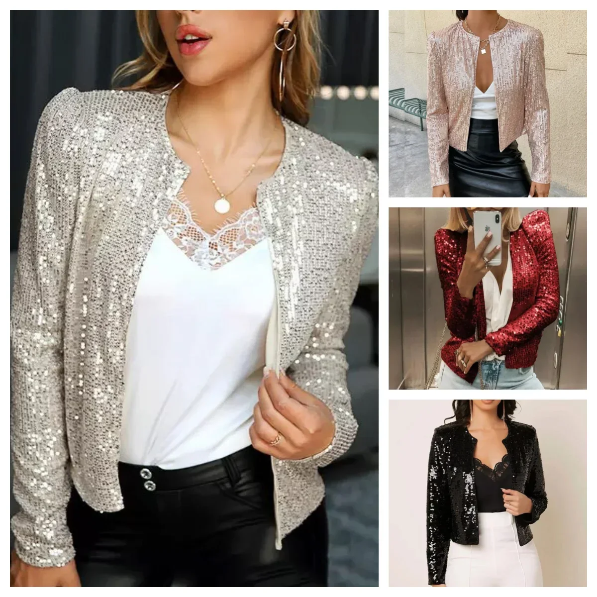 

Casual Female Jacket Coat Short Coats Cardigan Glitter Womens Shiny Party Tops Cardigan