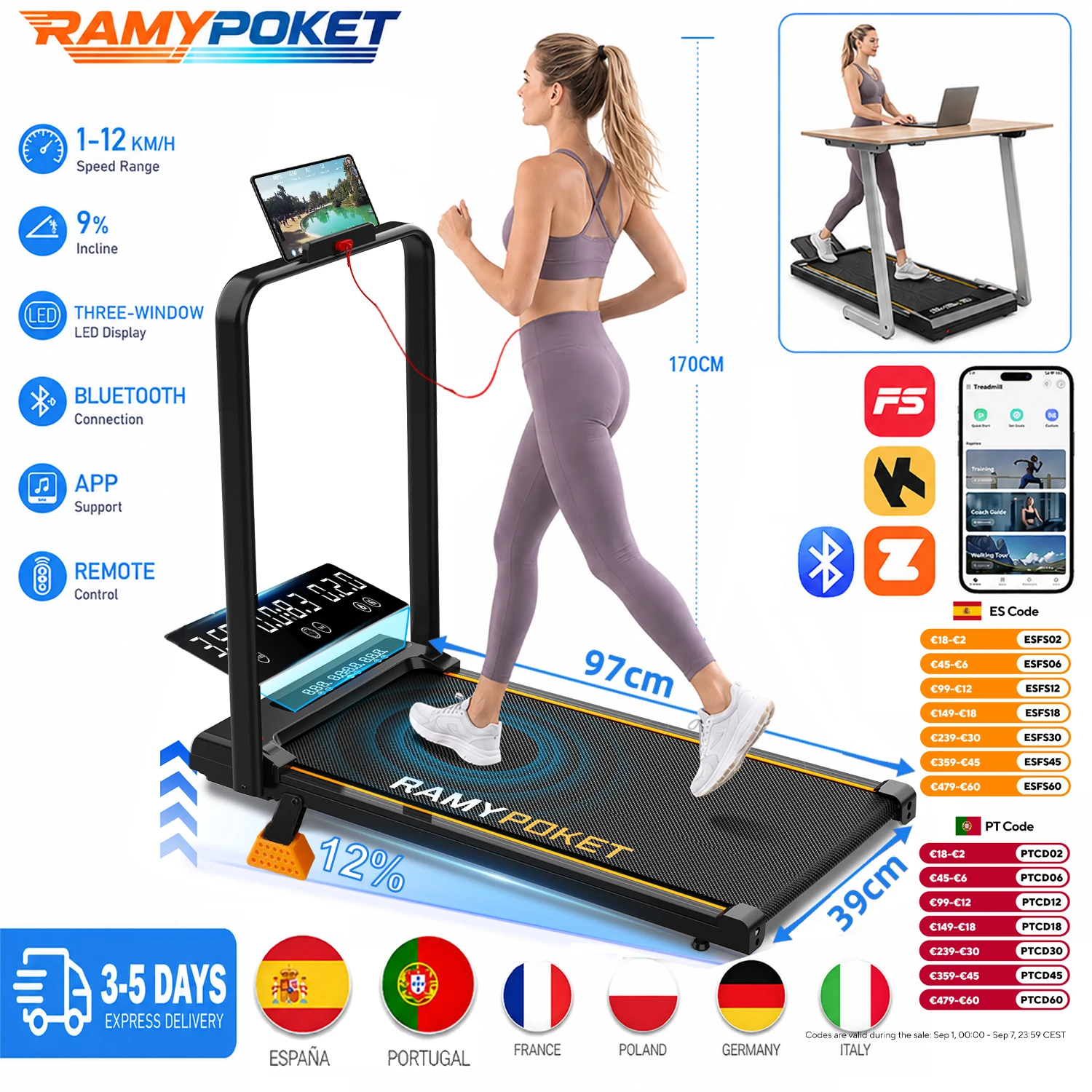 RAMYPOKET Cinta de Correr Plegable Para Oficina con Inclinacion 12%, 1-12KM/H,2.5HP, Control Mediante Aplicacion y… — oferta en AliExpress