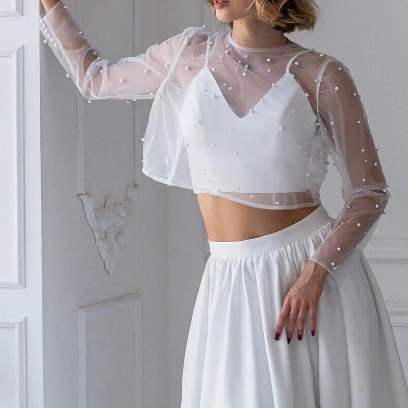 Pearls Wedding Jacket Long Sleeve Bridal Bolero Wedding Top Open Back Wedding Wrap With Bow  Customized image 2