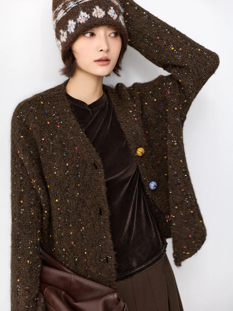 

Women V Neck Knit Cardigan Sweater Loose Fit Colorful Dot Detail Casual Button Up Knitwear Autumn Winter Top