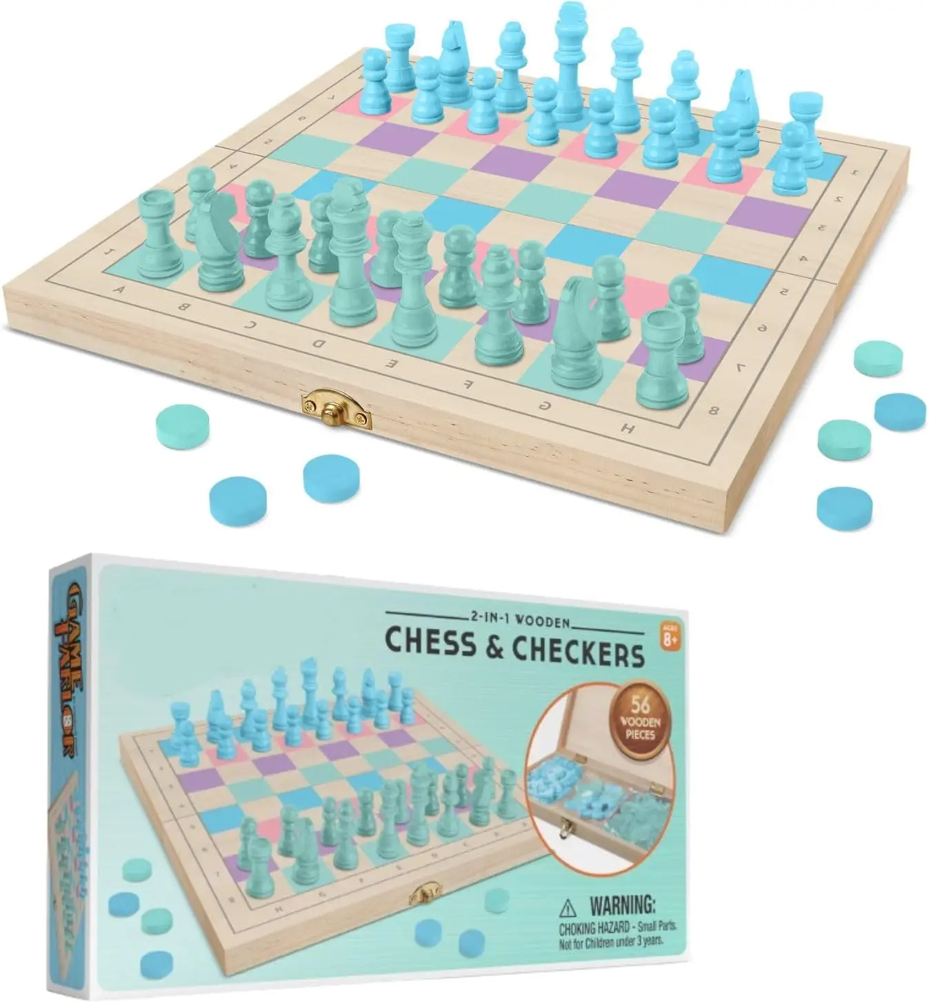 

2 in 1 Wooden Chess & Checkers Set – 11' Folding Game Board for Kids