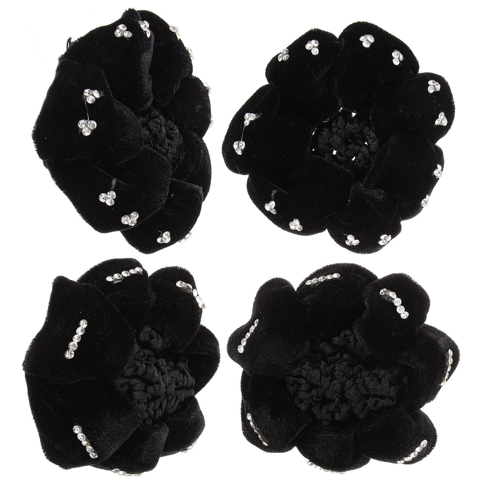 

4pcs Black Velvet Nets for Women Diamond Decorated Bun Covers Hair Accessories Hairstyle Tools Hair Bun Wraps