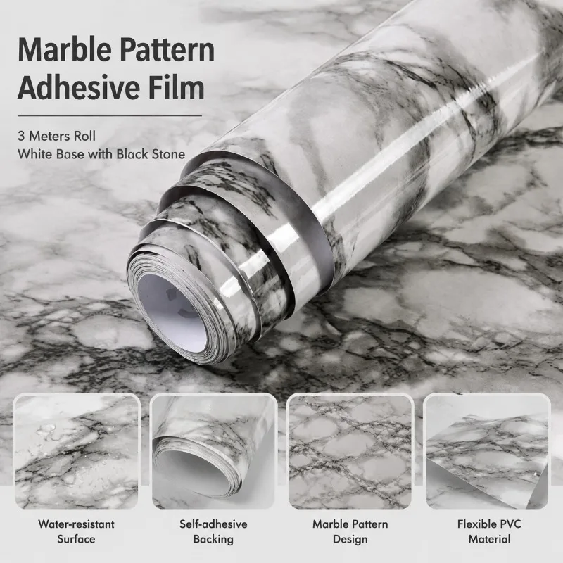 Marble Pattern Self Adhesive Sticker White Background Black Veins Desktop Wall Renovation Film Roll 0.4m x 3m Size For Home Deco