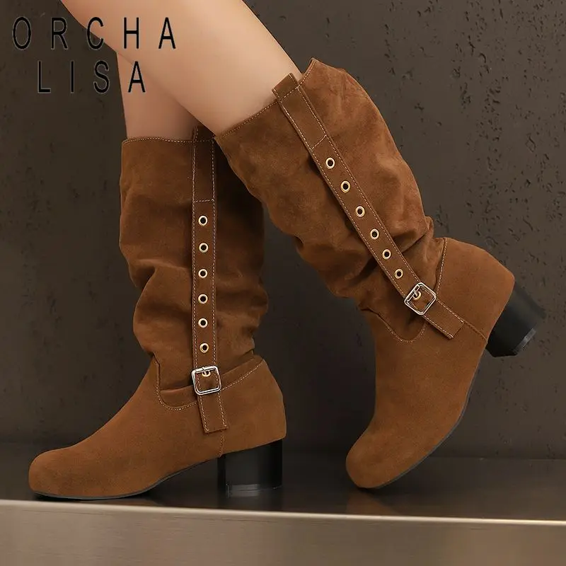 

ORCHA LISA 2025 Leisure Women's Mid Calf Boots Round Toe 4.5cm Block Heel Slip On Pleated Belt Buckle Big Size 48-50 Autumn