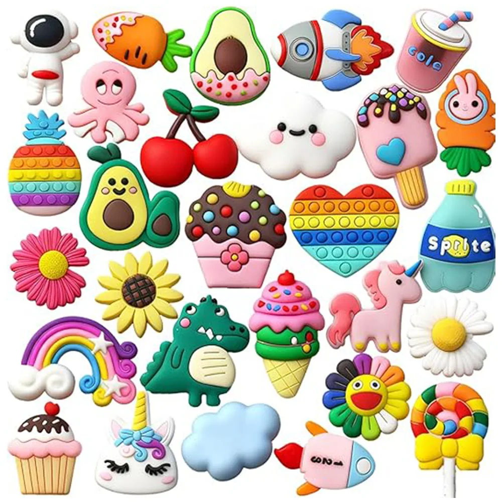 

30Pcs Mixed Cute Cartoon PVC Shoe Charms Fruit Space Animal Clog Shoe Decorations Girls Footwear Accessories Birthday Party Gift