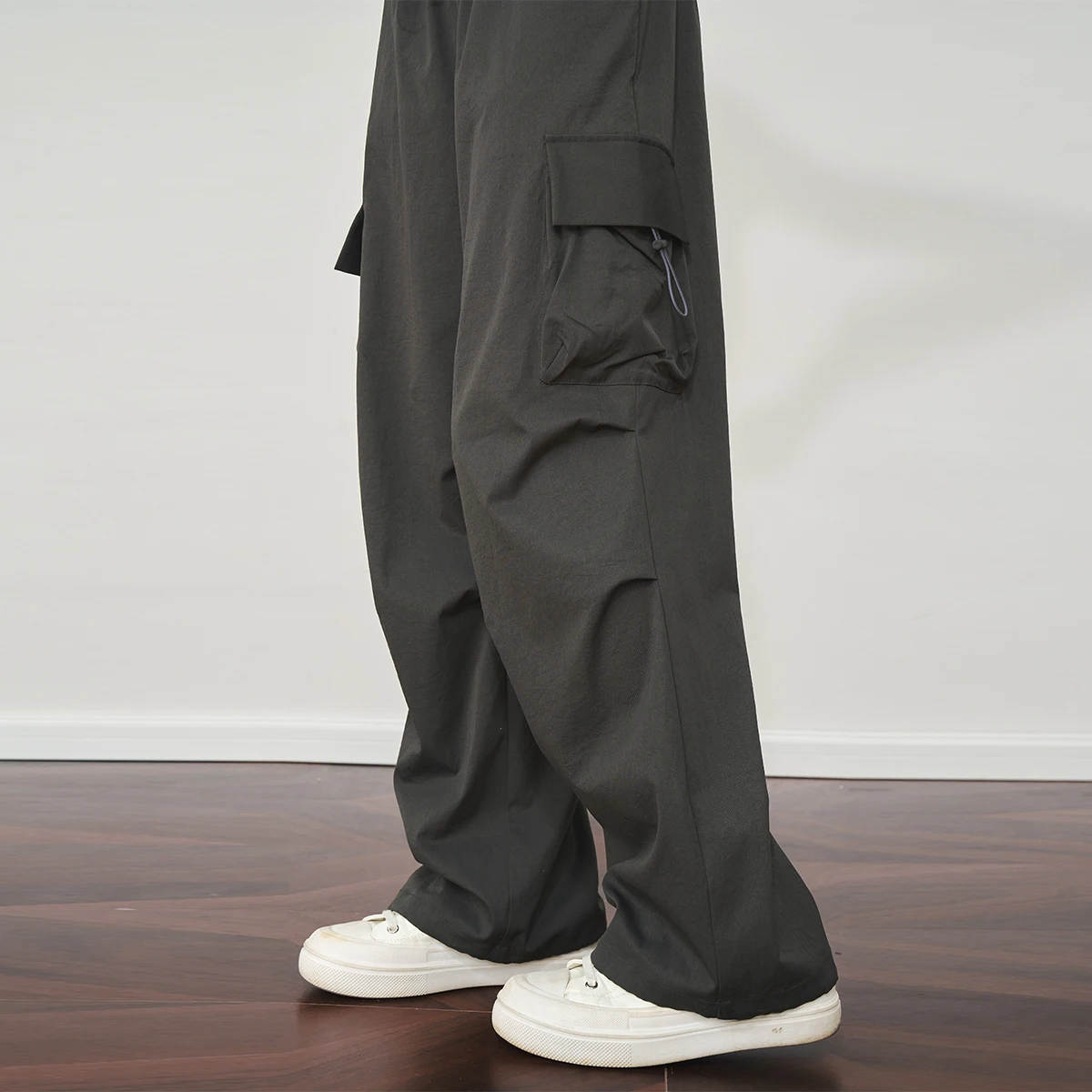 OLrain Women Gray Pants Casual Summer 2025 Safari Style Wide-leg Draw String Pants Pocket High-waisted Lady Trousers O57XK98662