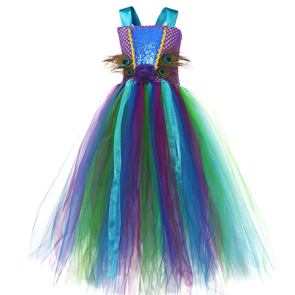 Fancy Peacock Feather Girl Pageant Tutu Dress With Headband Children Kids Birthday Party Wedding Ball Gowns Trailing Tulle Dress