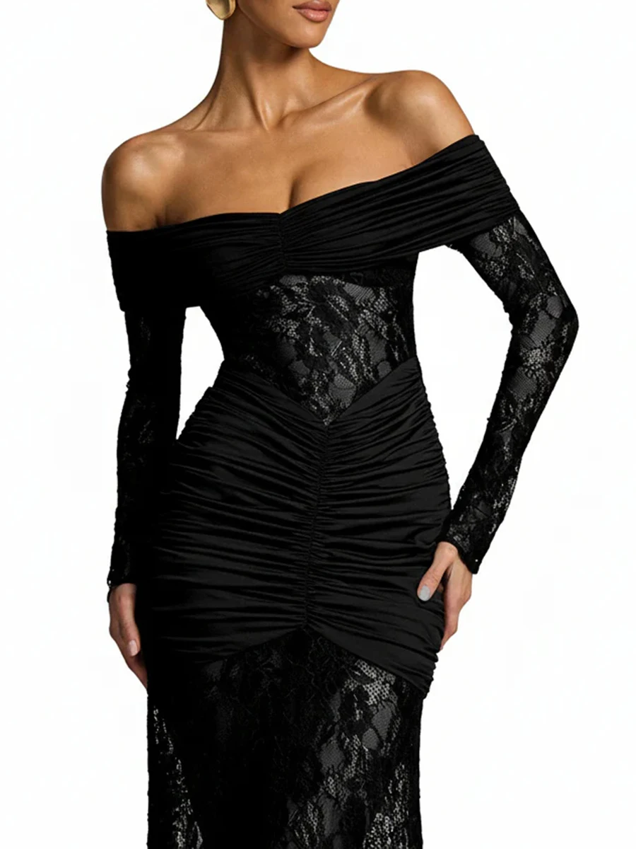 VGH 블랙 레이스 오프숄더 웨딩 게스트 드레스 여성 슬림핏 롱 슬리브 러치드 머메이드 헴 맥시 드레스 고급 디너용