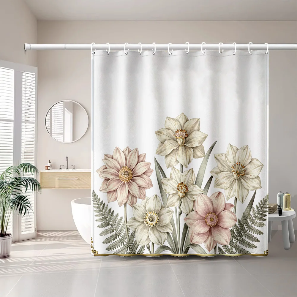 1pc Vintage Floral Shower Curtain with Soft Colors And Fresh Plant Prints, Perfect for Bathroom Home Decor, Includes Plastic Hoo