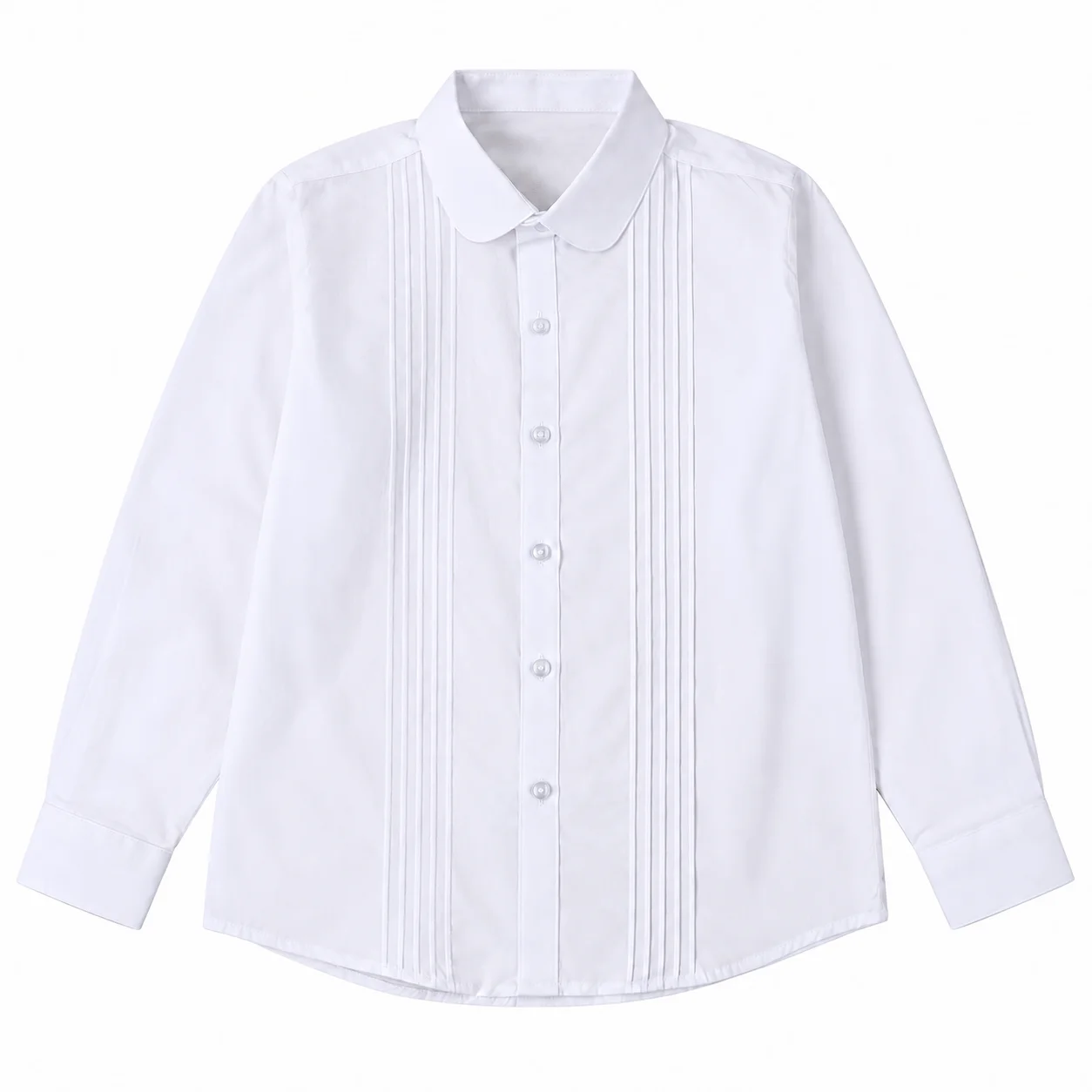 Kids Long Sleeve White Shirt Peter Pan Collar Front Pleated Design Button Placket Smooth Fabric School Uniform Blouse