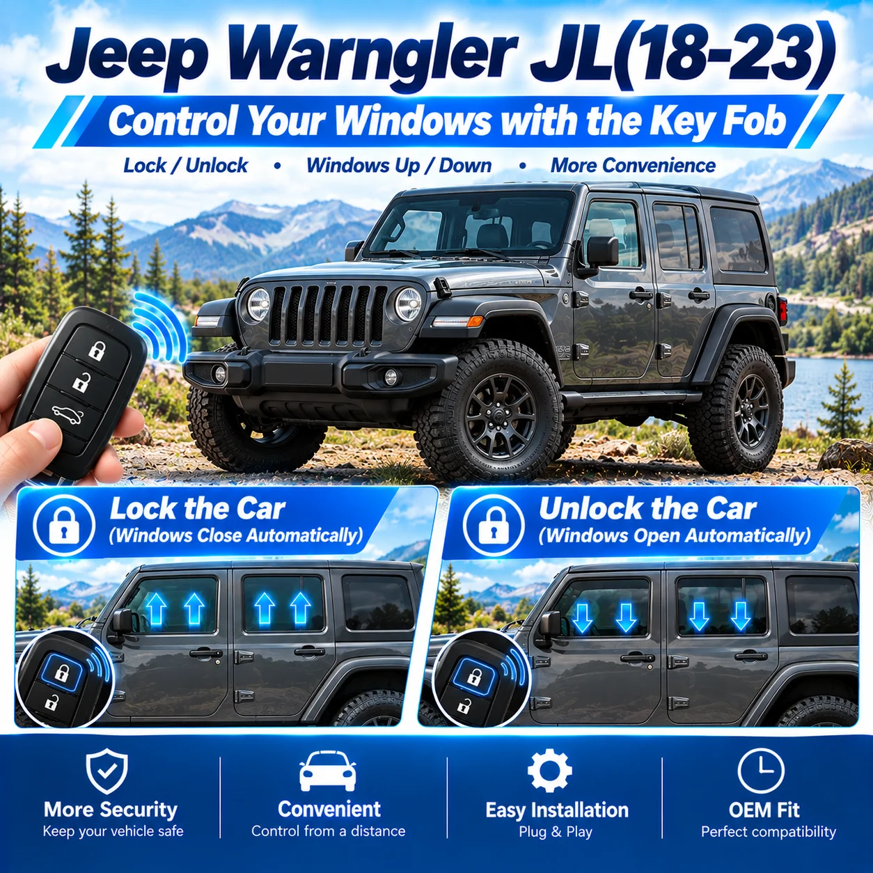 Accessory for Jeep Wrangler JL (2018–2023): Automatic window roll-up upon locking and one-touch window closing.