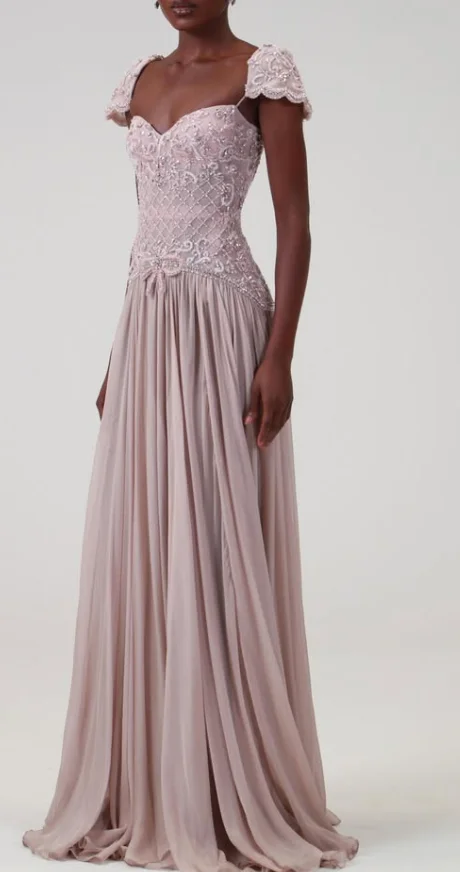 Dusty Rose Cap Sleeve Beaded Evening Gown Sweetheart Neckline Chiffon Flowy Formal Prom Dress