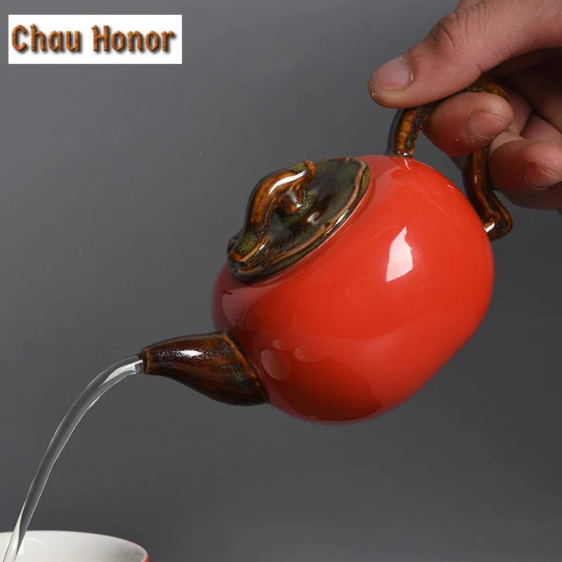 270ml Retro Handmade Persimmon Ceramic Teapot Vermilion Glaze Kung Fu Tea Personal Master Pots Customized Teaware Gift Packaging