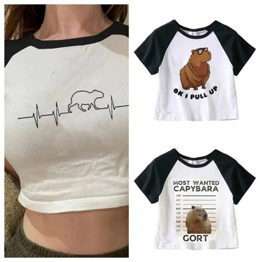 แฟชั่น Y2K Capybara Crop Tops รอบคอ Patchwork Capybara พิมพ์ Tank Top เสื้อผ้าผู้หญิงสไตล์เกาหลีสุภาพสตรี