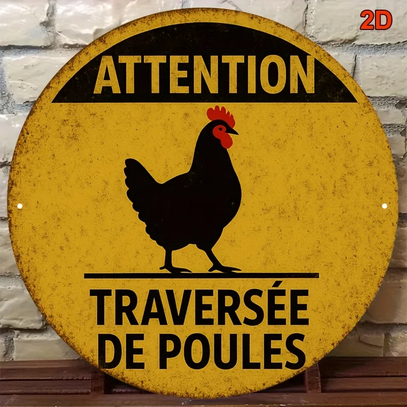 ATTENTION TRAVERSÉE DE POULES Chicken Crossing 2D Flat Round Metal Wall Sign