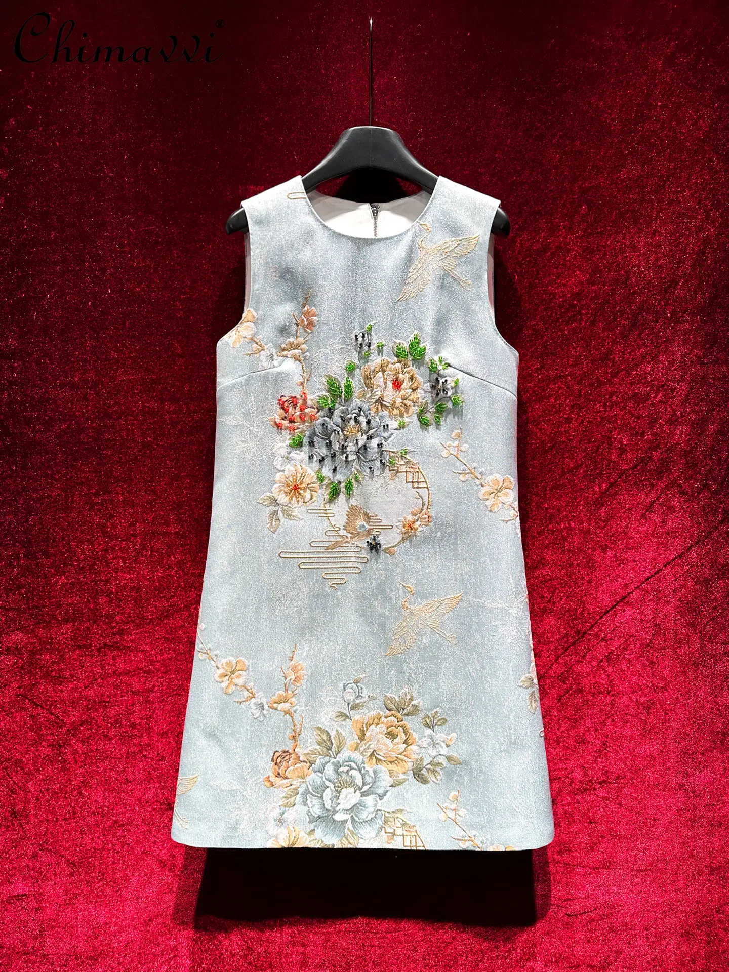 

High-End Light Luxury Heavy Beading Jacquard A-Line Dress Women 2026 Spring Summer New Fashion Retro Elegant Short Dress