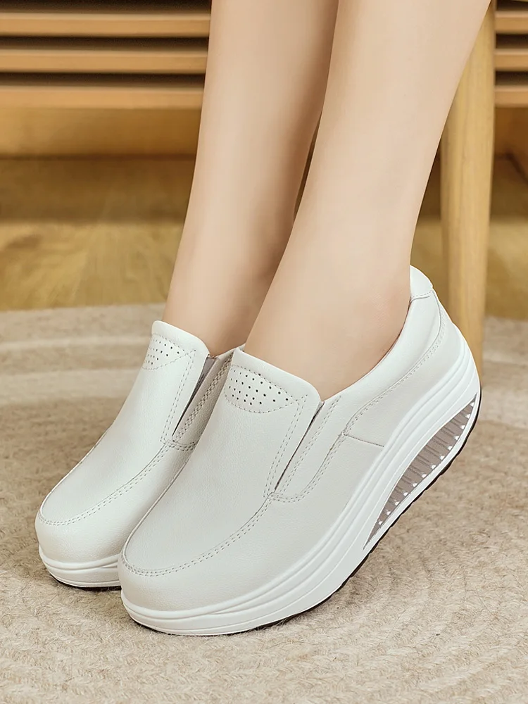 

Women's Thi Heel Nurse White oes Spring New Single Invisible Heightening 0CM Medical Special Slope Heel Platform oes