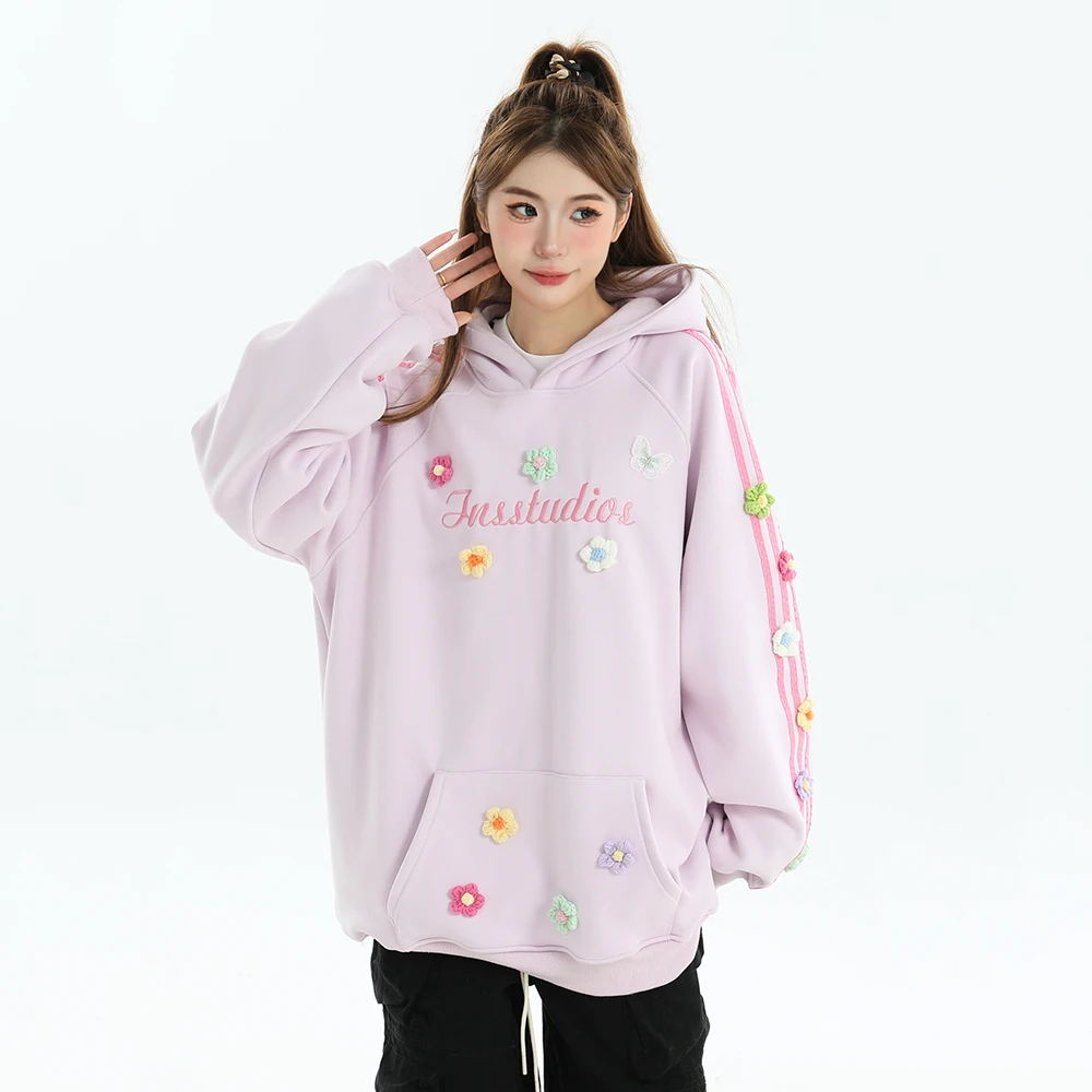 Autumn Winter Womwn Oversized Hoodie Warm Sweatshirt 3D Flowers Loose Casual Thicken Fleece Fashion Vintage Couple Hooded Tops