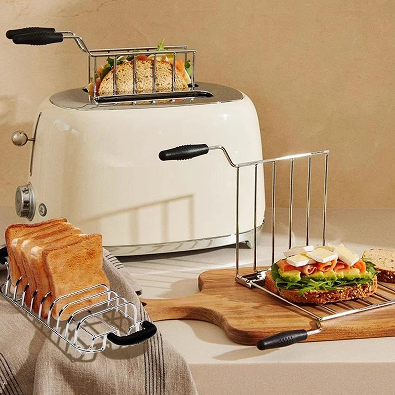 Foldable Bread Warming Rack Stainless Steel Sandwich Holder Cage Anti-scalding Handle Toaster Accessory Kitchen Utensils