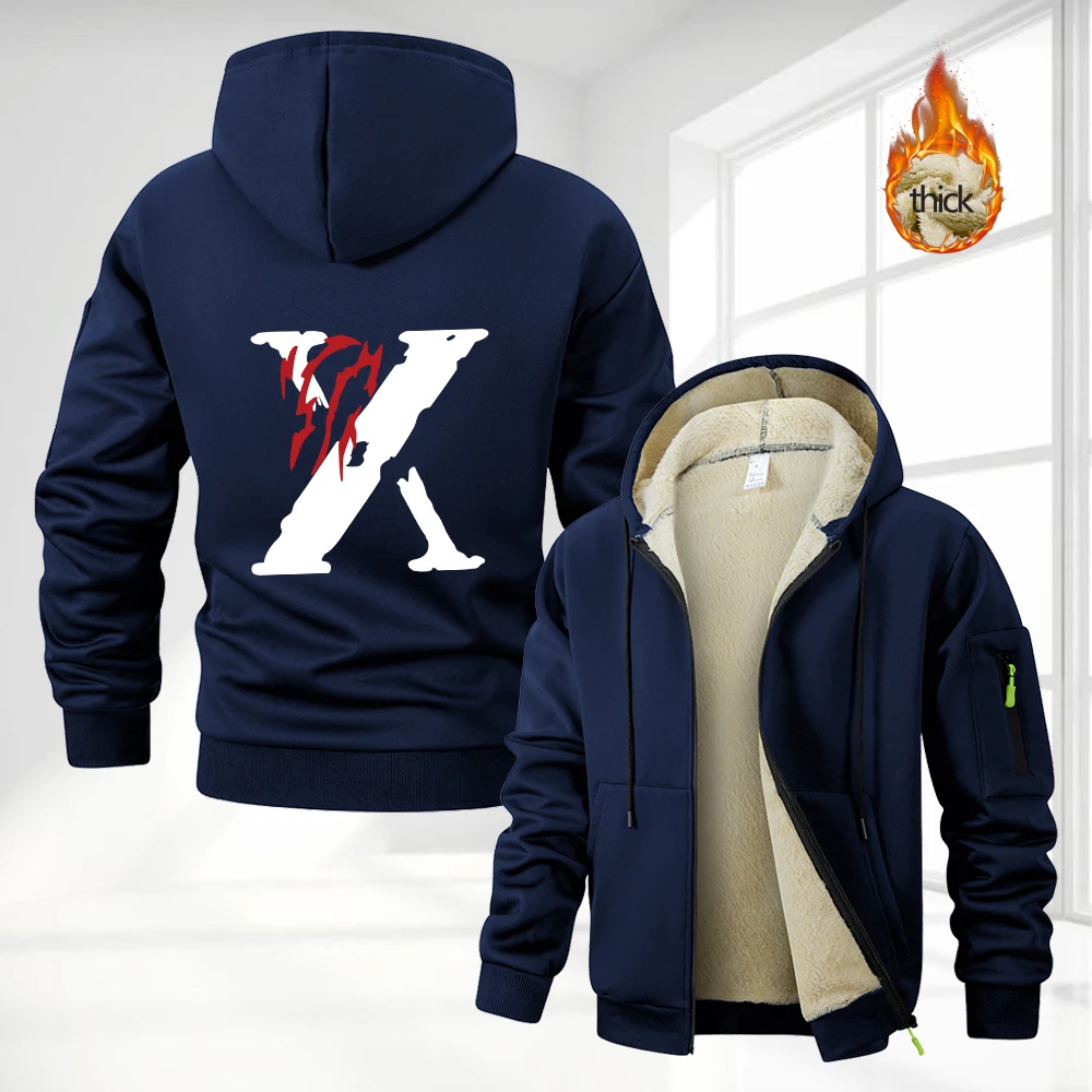 Men's Thick Hoodies With Unique X Print Zipper Sweatshirt Autumn And Winter Outdoor Casual Warm Sports Commuter Cardigan
