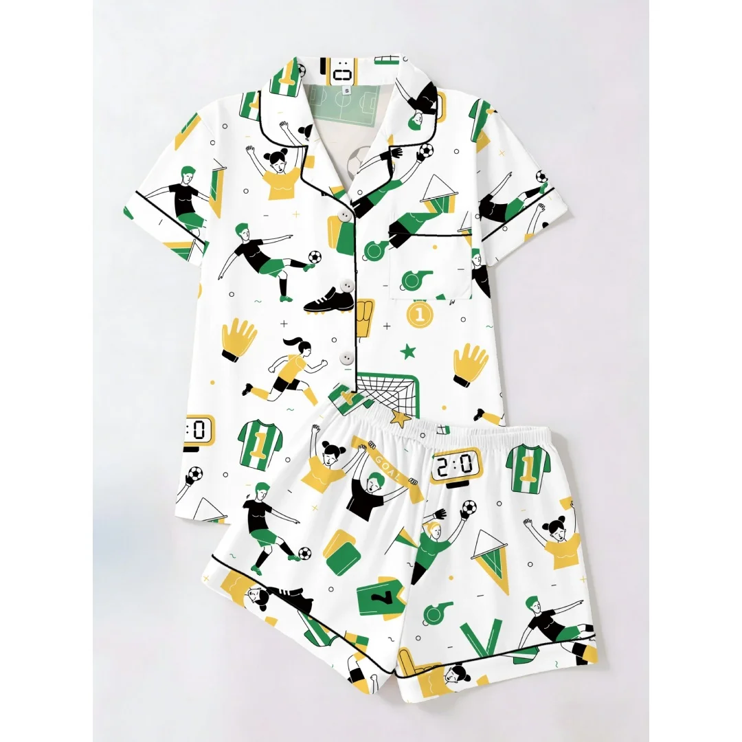 

Sports Themed Pajamas White with Soccer Football Print Lapel Short Sleeve Shorts Loungewear Pants Home Wear Set Gifts for Women