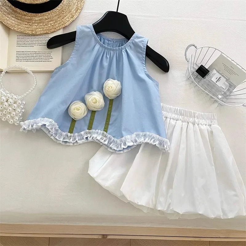 

TOY-Girls' Summer Sleeveless Set Baby Stylish Puff Dress Two-Piece Children's Summer Outfit Sweet Princess Dress