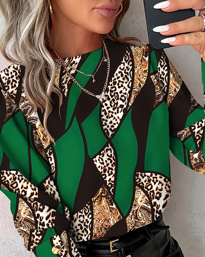 Boho Leopard Print Pullover Shirt Blouse Women Spring Autumn Fashion O-neck Long Sleeve Shirts For Women 2024 Casual Button Tops