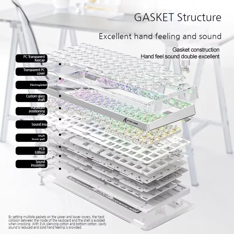 K75 Attack Shark Transparent Three Mode  Mechanical Keyboard Full Key Hot Plug Rgb Lamp Effect Bluetooth Wirelessgame Keyboard