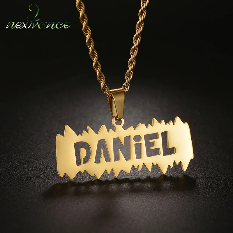 

Nextvance Personalized Custom Name Pendant Stainless Steel Nameplate Twist Chain Irregular Rectangular Hollow For Women Men Gift