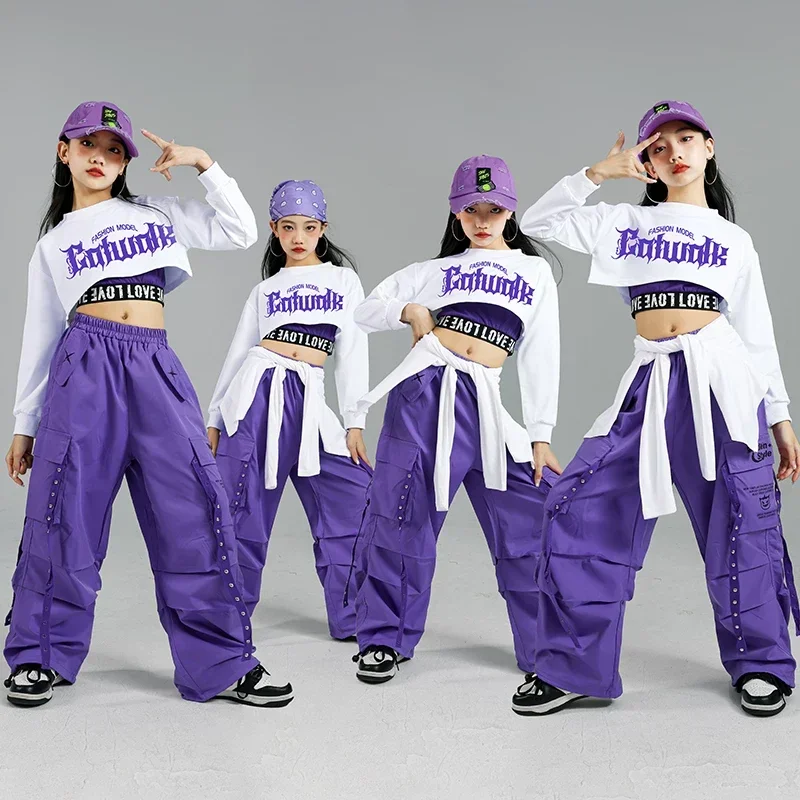 Hip Hop Girls Fashion K-pop Crop Top Purple Cargo Pants Children Street Dance Outfits Kids Streetwear Group Jazz Clothes Sets