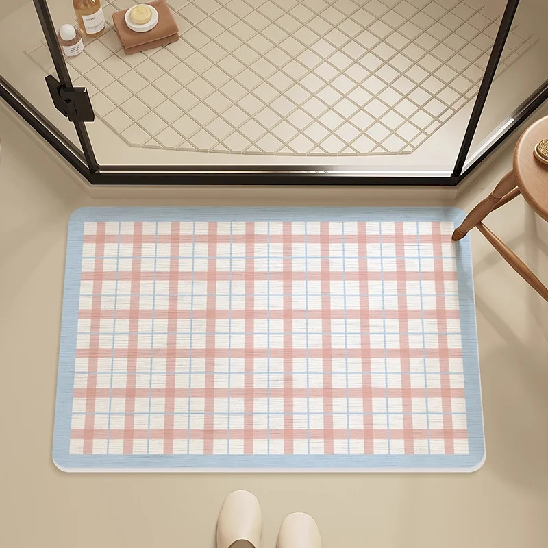 VIKAMA Bath Mat Pastel Blue Gingham Grid Doormat Non‑Slip Quick Dry Absorbent Bathroom Shower Entry Indoor Home Floor Decor