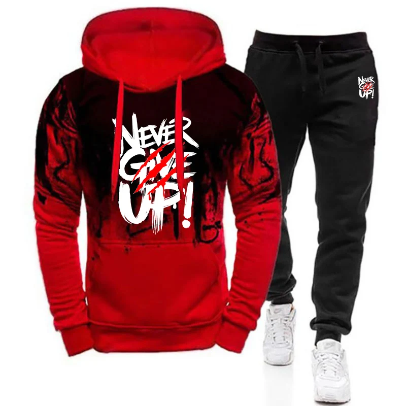 2025 Men's New Spring And Autumn Casual Not Afraid Of Failure Print Pullover Hoodie + Sweatpants Harajuku Gradient Color Suit