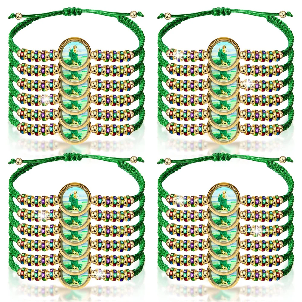 24 Pieces Mexican Bracelet Saint Jude Bracelet Catholic Green Handmade String San Judas Tadeo Rosary Bracelet Gift for Men Women