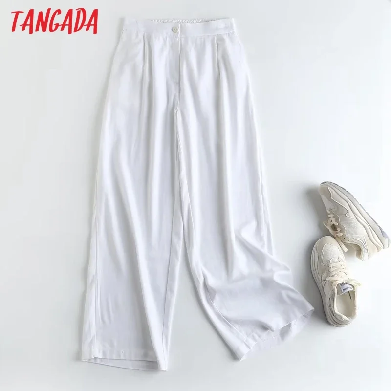 Tangada 2023 New Women White Linen Cotton Pants Trousers High Waist Summer Long Pants  4C269