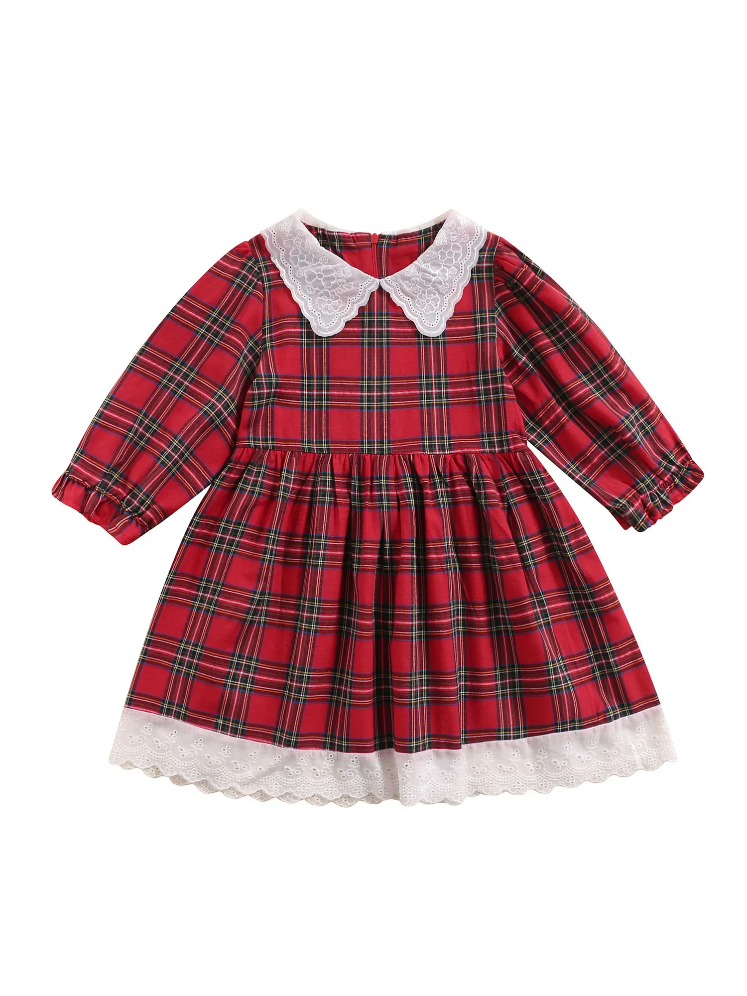 Toddler Girl s Plaid Dress with Puff Sleeves and Lace Detailing Featuring a Charming Doll Collar and Flared