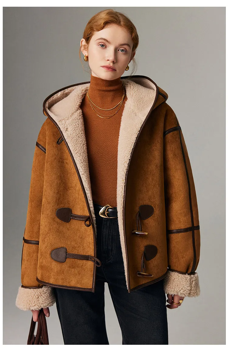 Faux Fur Integrated Coat Women's Hooded Senior Sense Horn Buckle Temperament Suede Thickened Lamb Fur Coat Winter