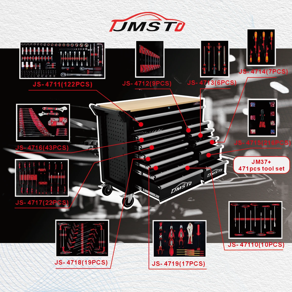 2026 CE Certified Heavy Duty Cold Rolled Steel Multi-layer Cabinet With 12 Drawers OEM 471pcs Tool Set 200kg Capacity