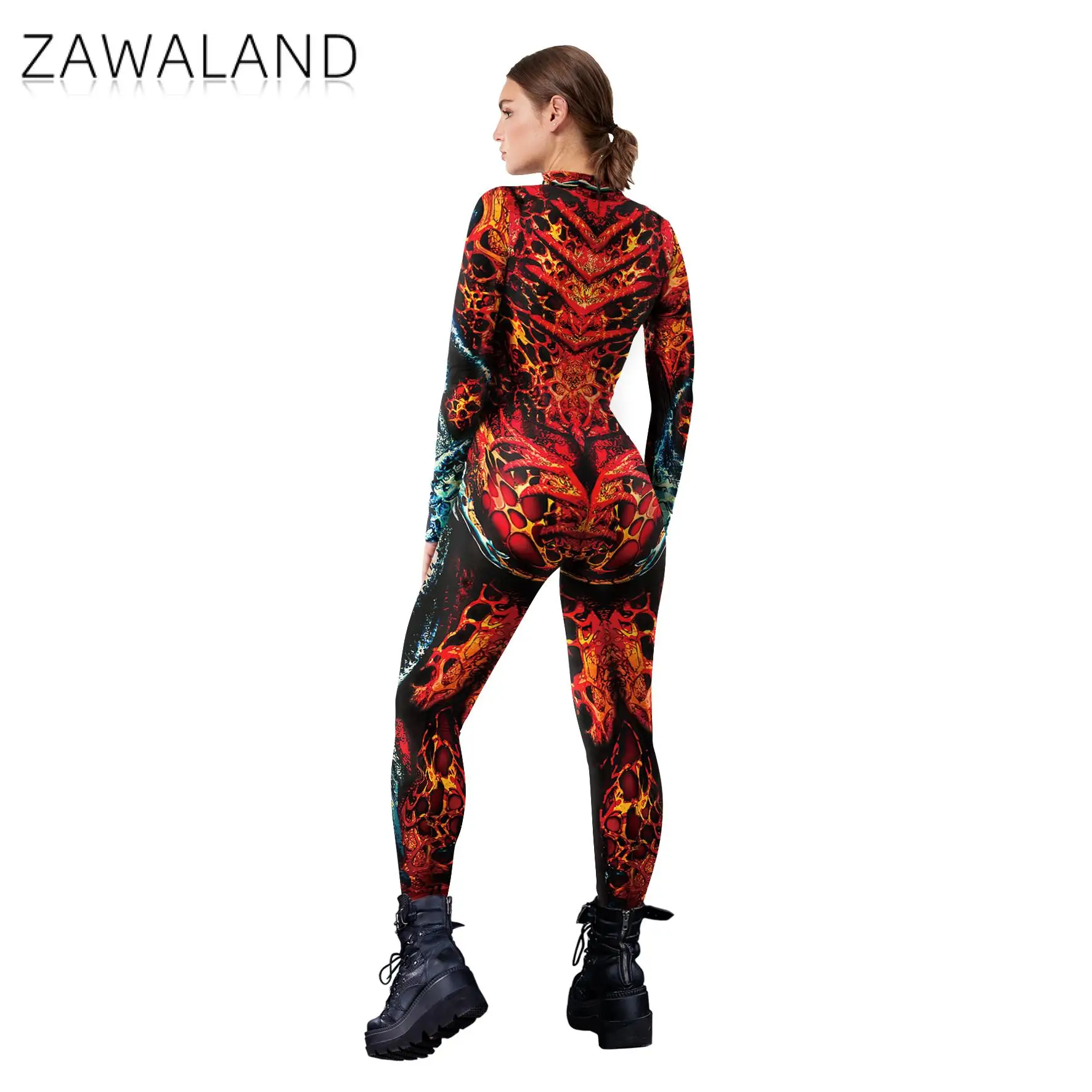 Zawaland Carnaval Horror Vlam 3d Print Jumpsuit Cosplay Kostuum Volwassen Bodysuit Fancy Vakantie Feest Elastische Zentai Outfit