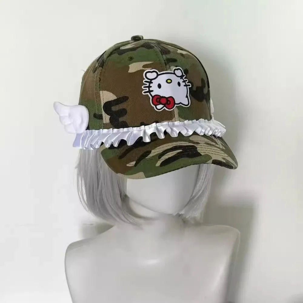 قبعة بيسبول Miniso لطيفة KT على شكل جناح من الدانتيل للصيف بحافة مسطحة كاجوال متعددة الاستخدامات تظهر وجهًا قبعة صغيرة للحماية من الشمس