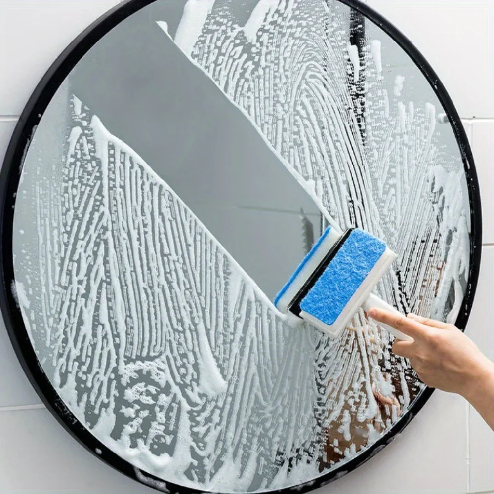 2-in-1 Bathroom Cleaning Brush Double-Sided Glass Scraper, Mirror Wiper, Multi-Functional Tile and Wall Cleaner, No Power Needed