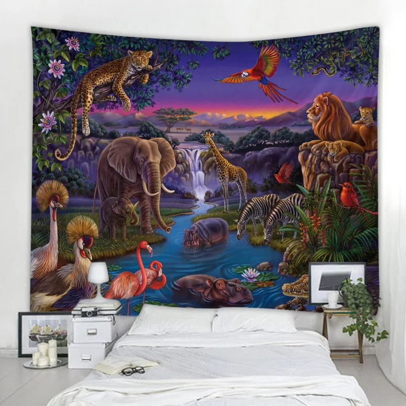 African Jungle Wild Animal Tapestry Rainforest Theme Wall Hanging, Safari Animals Giraffe Elephant Tapestries For Boys Adults