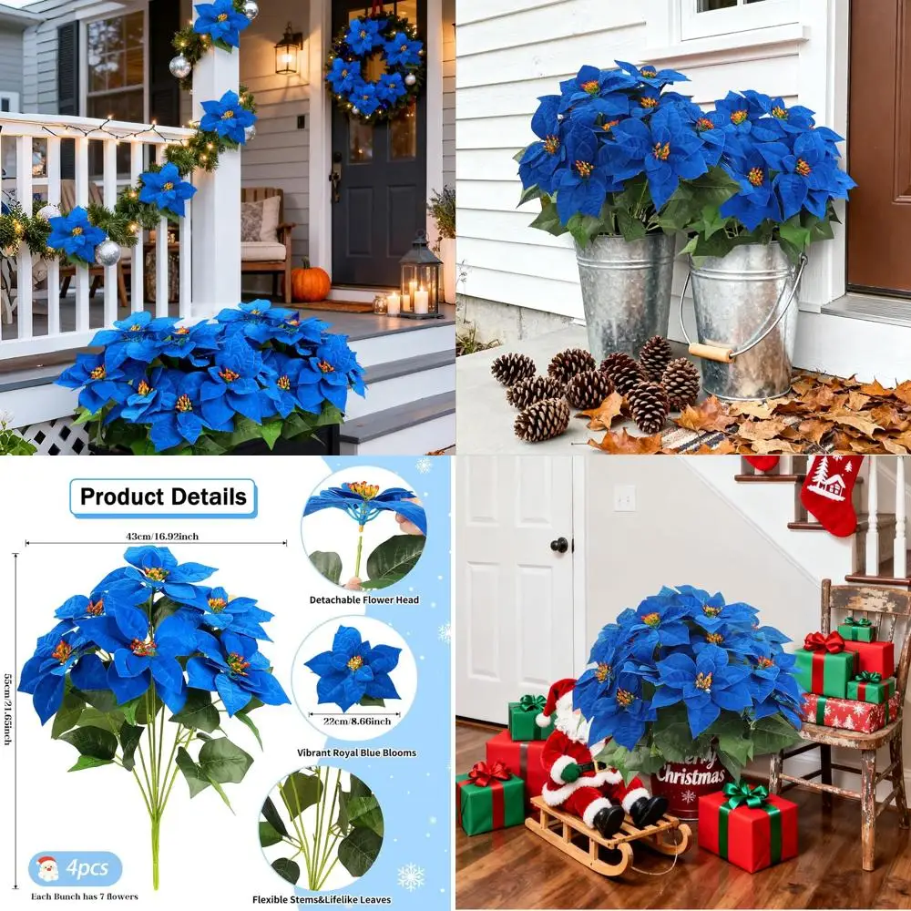 

28 Heads 8.6" Large Royal Blue Poinsettia Artificial Flowers for Xmas Ornaments,21" Faux Velvet Christmas Poinsettia Flower Bouq