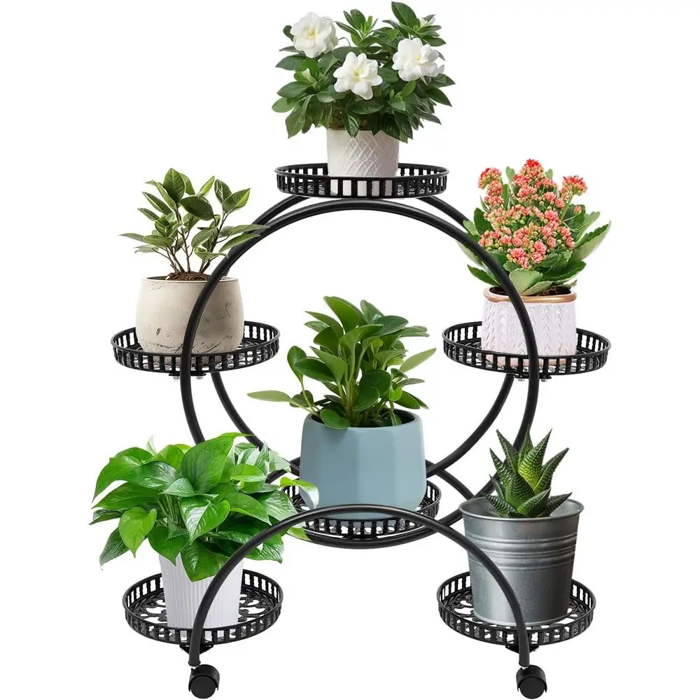 

4-Tier Round Black Metal Plant Stand with Wheels for Indoor & Outdoor Home & Garden Decor