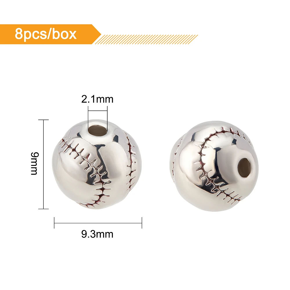 8Pcs Brass Enamel Beads Sports Beads Long-Lasting Plated Baseball Real Platinum Plated 9.3x9mm Hole: 2.1mm