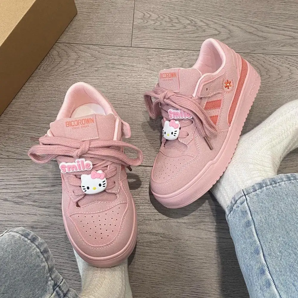 Kawaii Sanrio Hello Kitty Women\'s Shoes Cartoon Round Toe Lace Up Genuine Sports Casual Girls Sneaker Shoes for Holiday Working