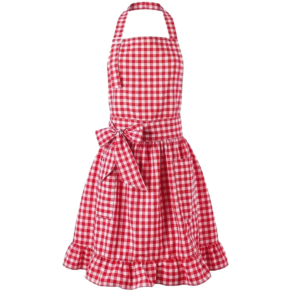 Vintage Style Apron Dress for Women Ruffled Hem Adjustable Neck Waist Ties Long Ties Two Pockets Cloth Material 87 22cm