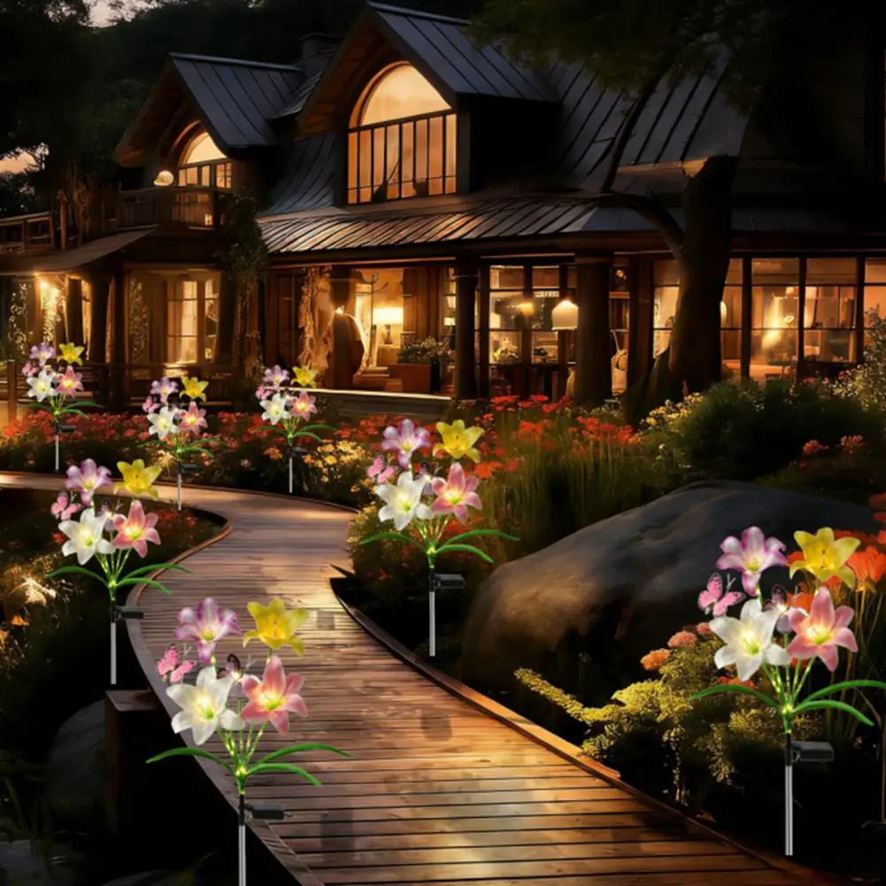 Solar Garden Lights Solar Lily Lights Solar Lily Flower Lights Outdoor Waterproof Led Garden Stake Lamps with Color Changing