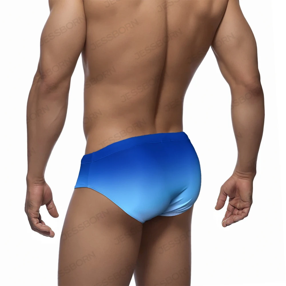 Gradient Color Mens Swim Briefs Sexy Low Waist Swimwear Pad Pouch Beach Surfing Trunks European American Popular Bathing Suit