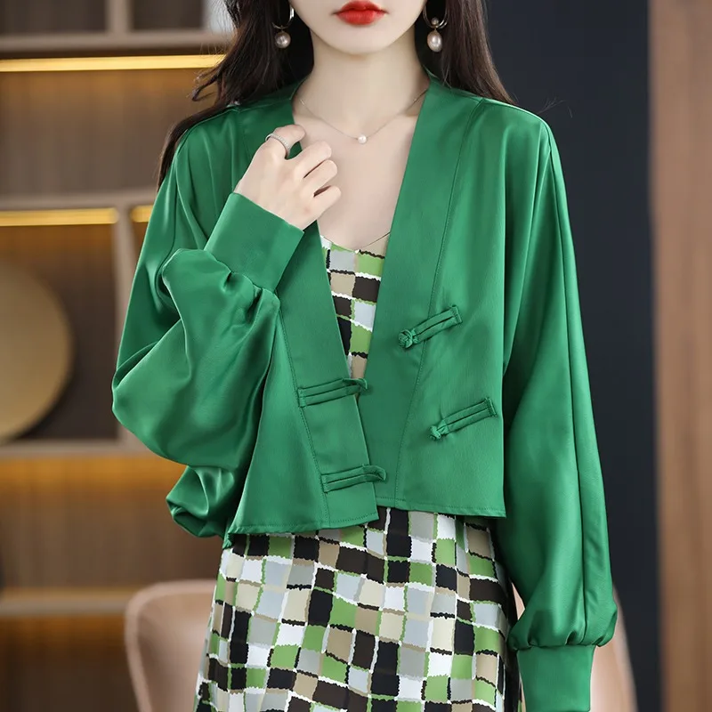 

Шелковый шарф женский Long Sve Open Cardigan или Jaet Летняя тонкая атласная верхняя одежда ort Outer irt Женская V-ne Button D...